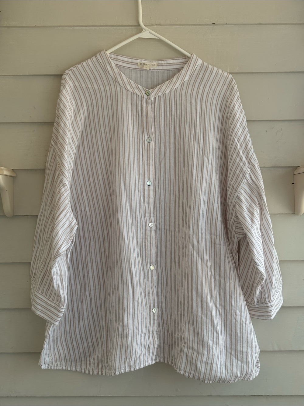 Eileen Fisher Organic Cotton White and Tan Striped 3/4 Sleeve Button Top Size 3X